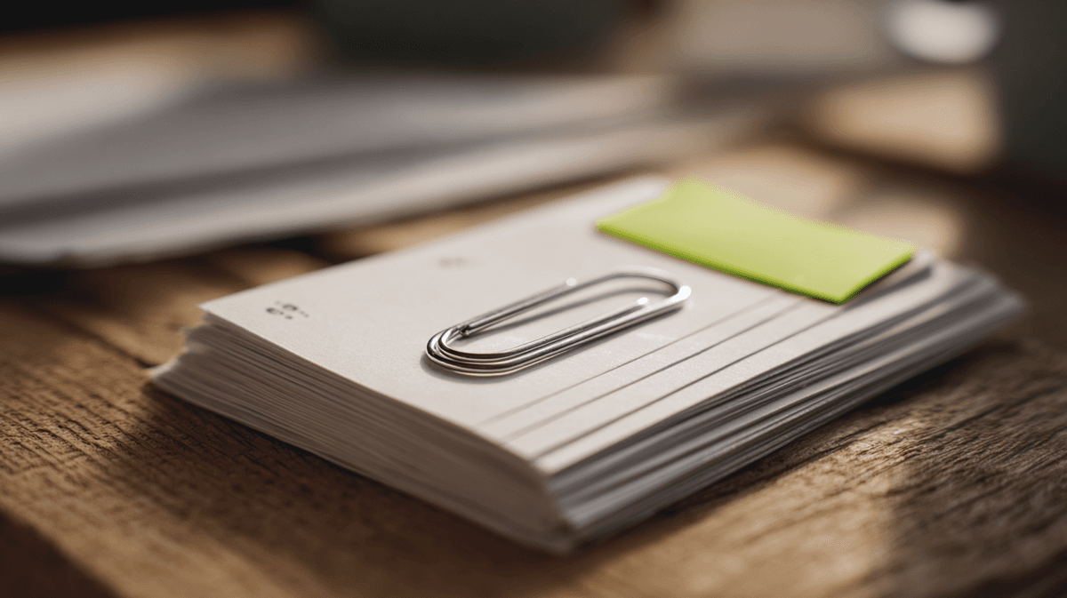 A stack of record cards bound with a single paperclip, a note tucked underneath, on a wooden desk.