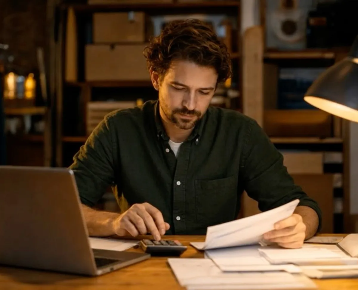 A shop owner at a counter reading through printed statements beside a Teya Pro.