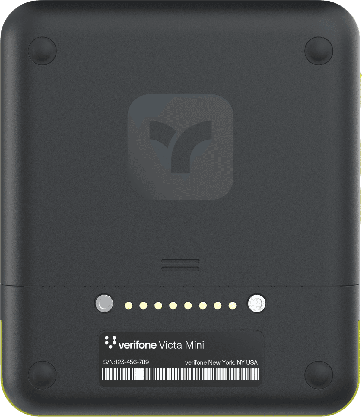 The back of Teya Lite: the Verifone Victa Mini label, the charging contacts along the base, and a flat rear with no printer housing.
