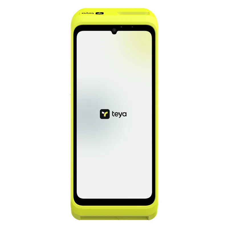 A Teya Pro terminal upright on a plain white background, screen showing the Teya logo.