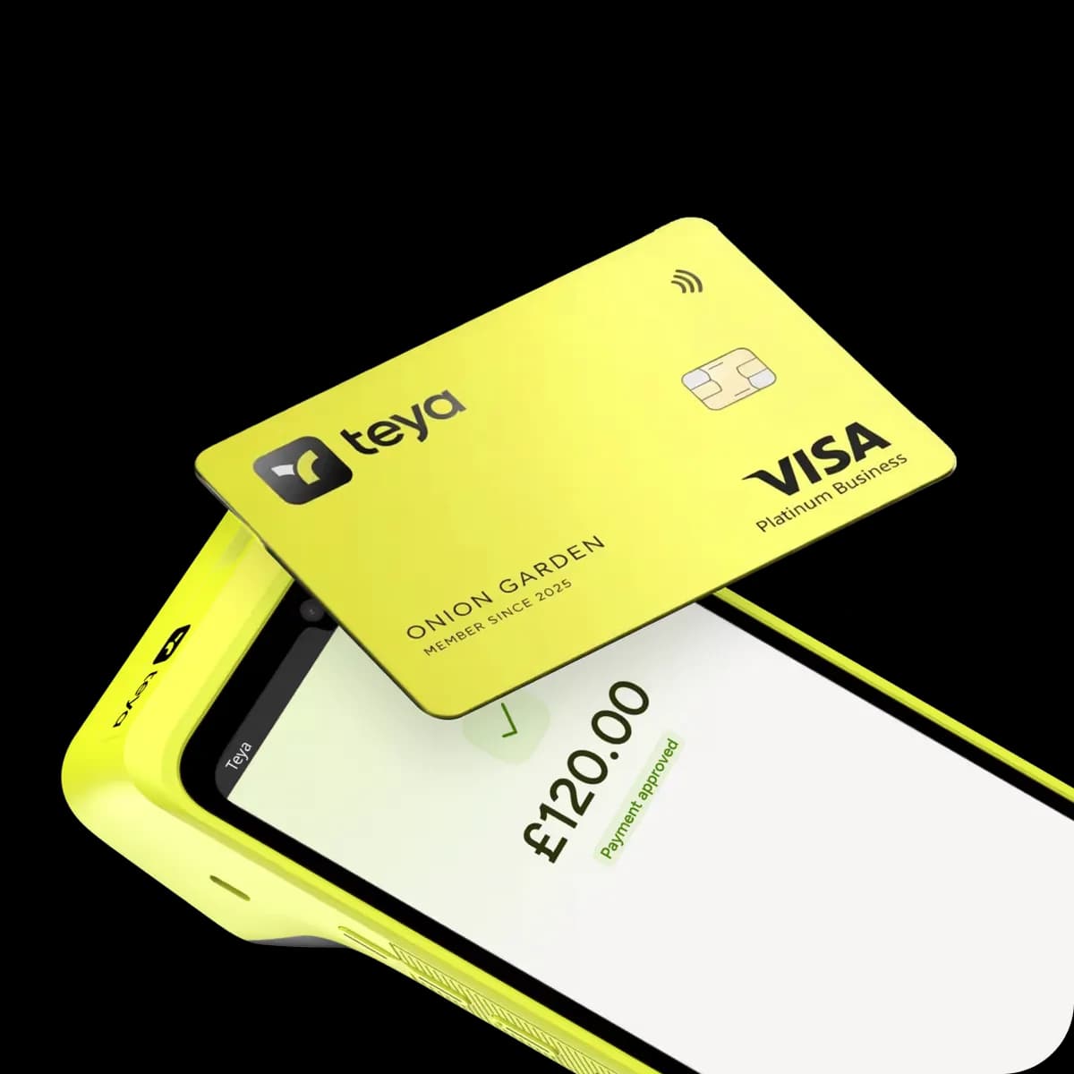A Teya Pro terminal on a table, a contactless card tapping it, the screen showing a completed payment.