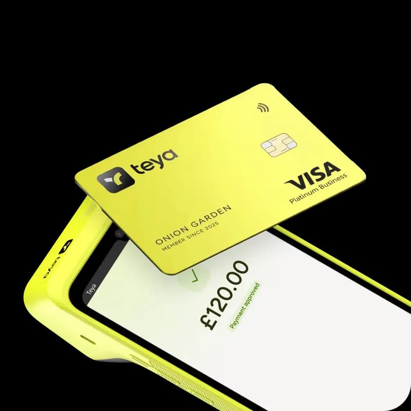 Teya Pro with a Teya Visa business card resting on its screen.