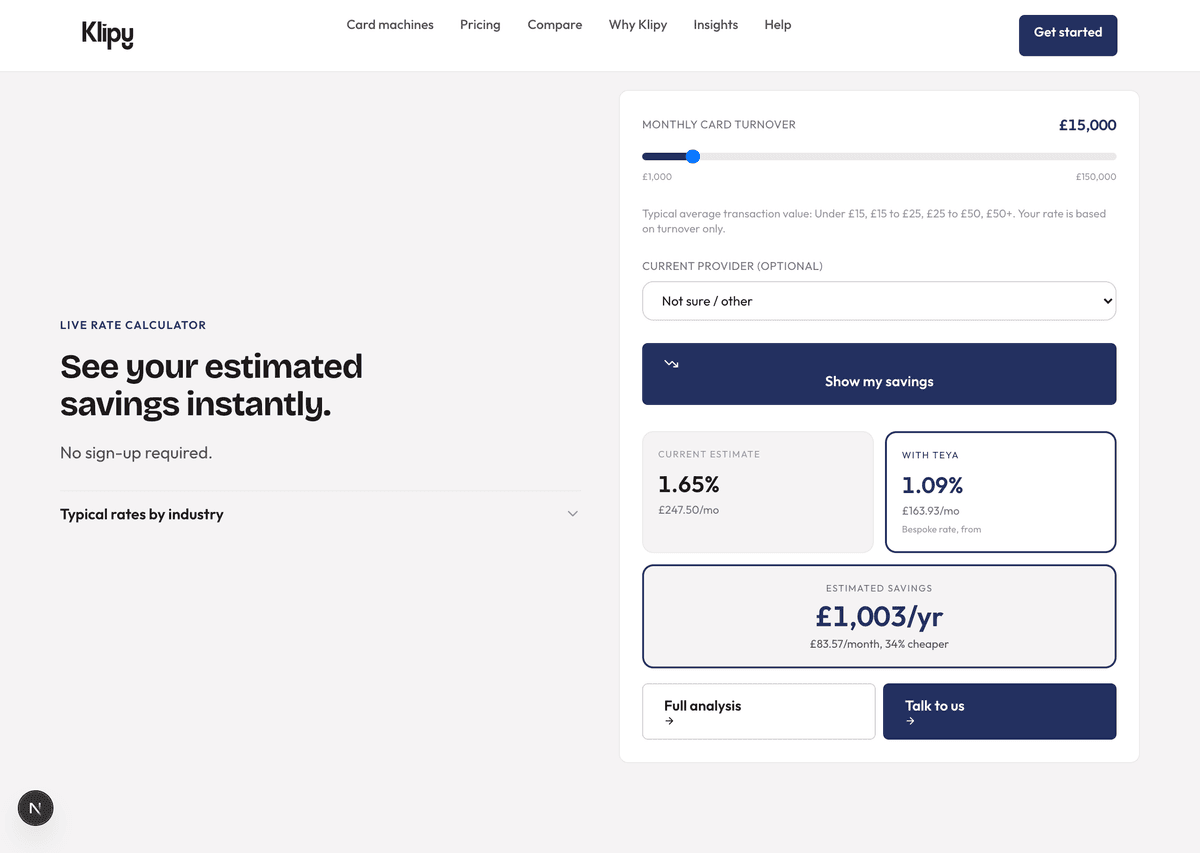 The live rate calculator, result state, an example saving