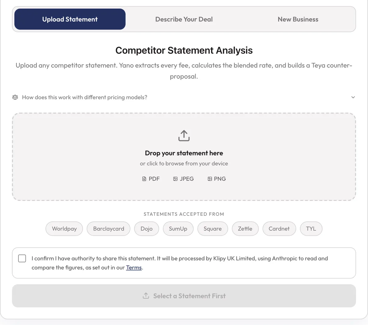 The Klipy calculator's Upload Statement tab, an empty drop zone, with Describe Your Deal and New Business shown as alternatives above it