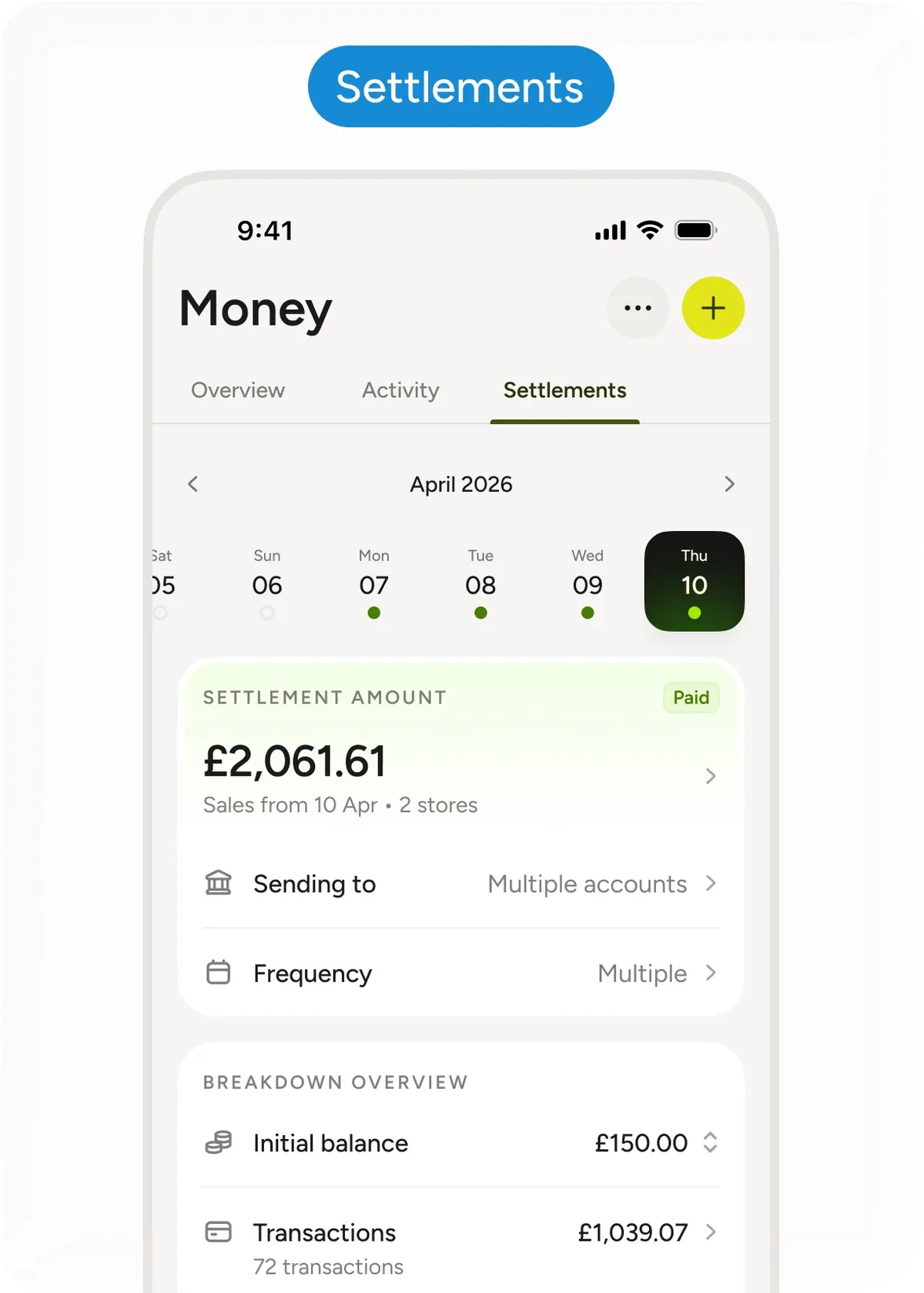 The Teya app's Settlements screen, showing a paid settlement amount
