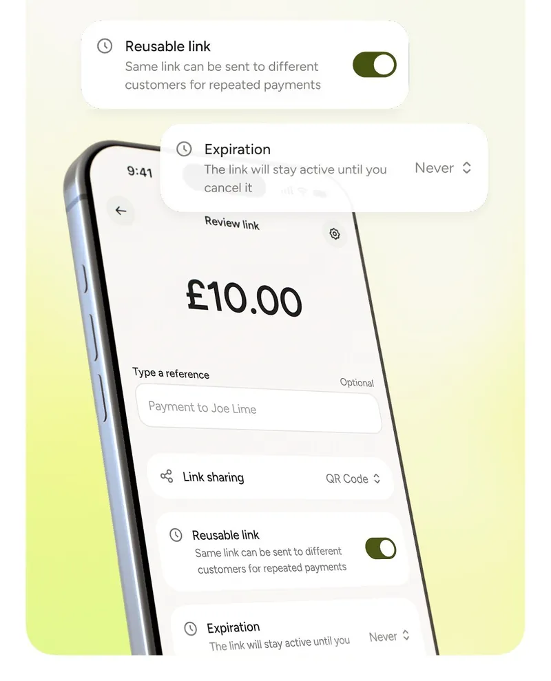 The Teya app showing a payment link being created