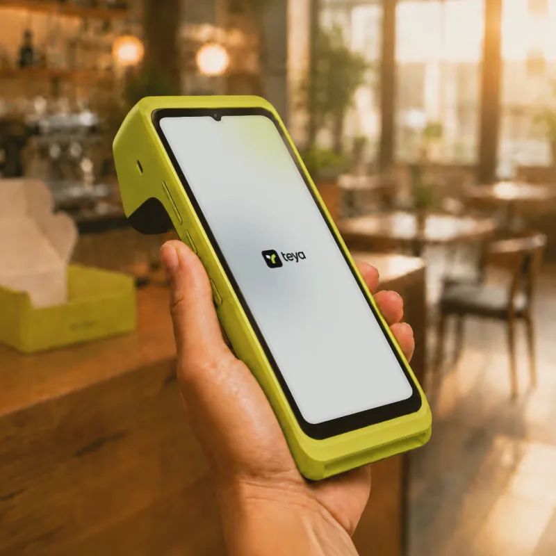 A hand holding Teya Pro in a restaurant, blurred interior